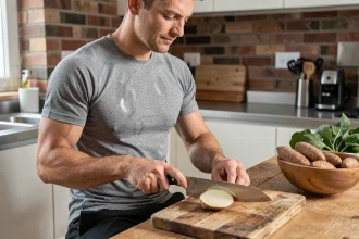 Sportif préparant de l'igname fraîche en cuisine après l'entraînement pour récupération musculaire