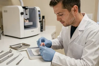 Technicien en laboratoire dentaire examinant une couronne imprimée en 3D avec une imprimante dentaire CapDentaire visible en arrière-plan