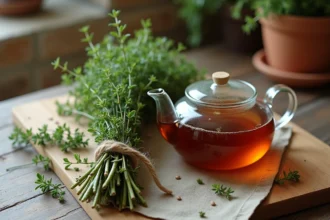 Bouquet de thym frais et théière en céramique sur une table en chêne rustique avec une infusion ambrée, idéal pour illustrer la tisane de thym en cuisine