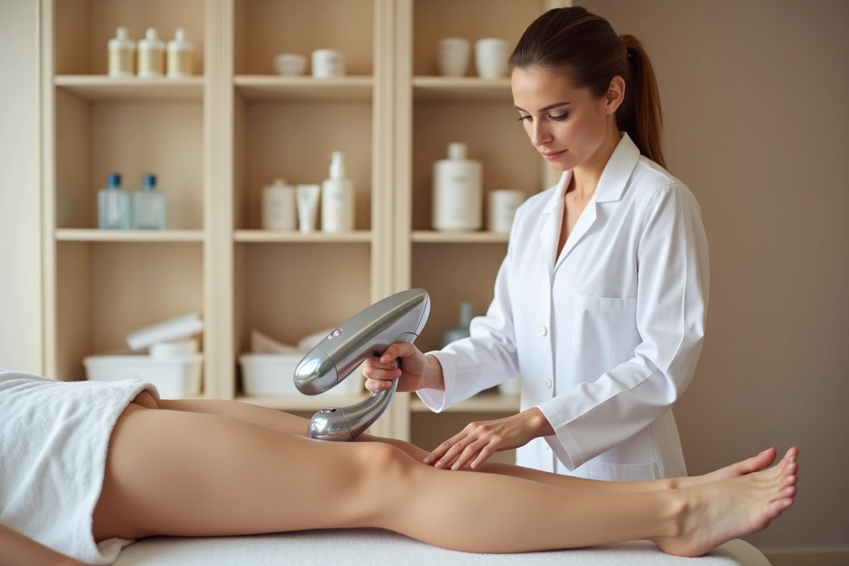 Esthéticienne professionnelle appliquant un traitement Indiva System sur une cliente en institut de beauté
