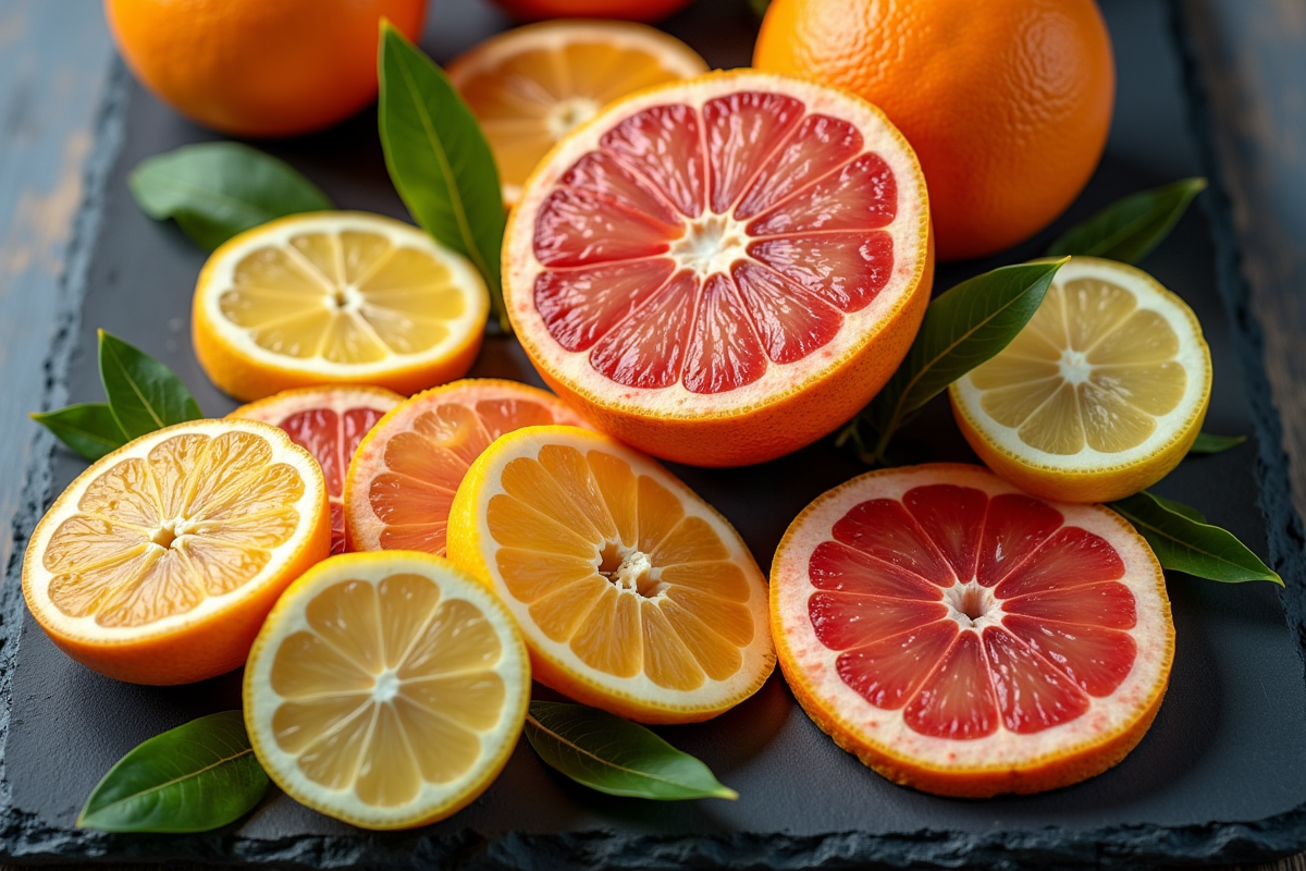 Tranches de fruits citrus sur une table sombre