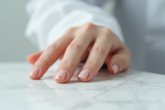 Gros plan sur un ongle présentant des stries et une légère décoloration au niveau de la matrice, signe de traumatisme répété