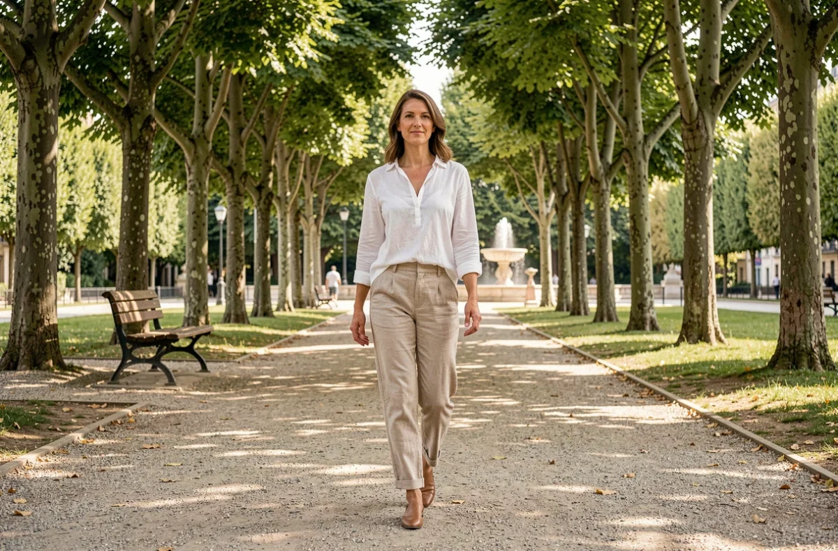 Femme de 35 ans marchant à allure régulière sur une allée de parc arborée à Lyon, illustrant la vitesse de marche moyenne quotidienne