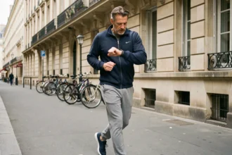 Homme de 45 ans marchant rapidement sur un trottoir parisien en consultant sa montre connectée pour mesurer sa vitesse de marche